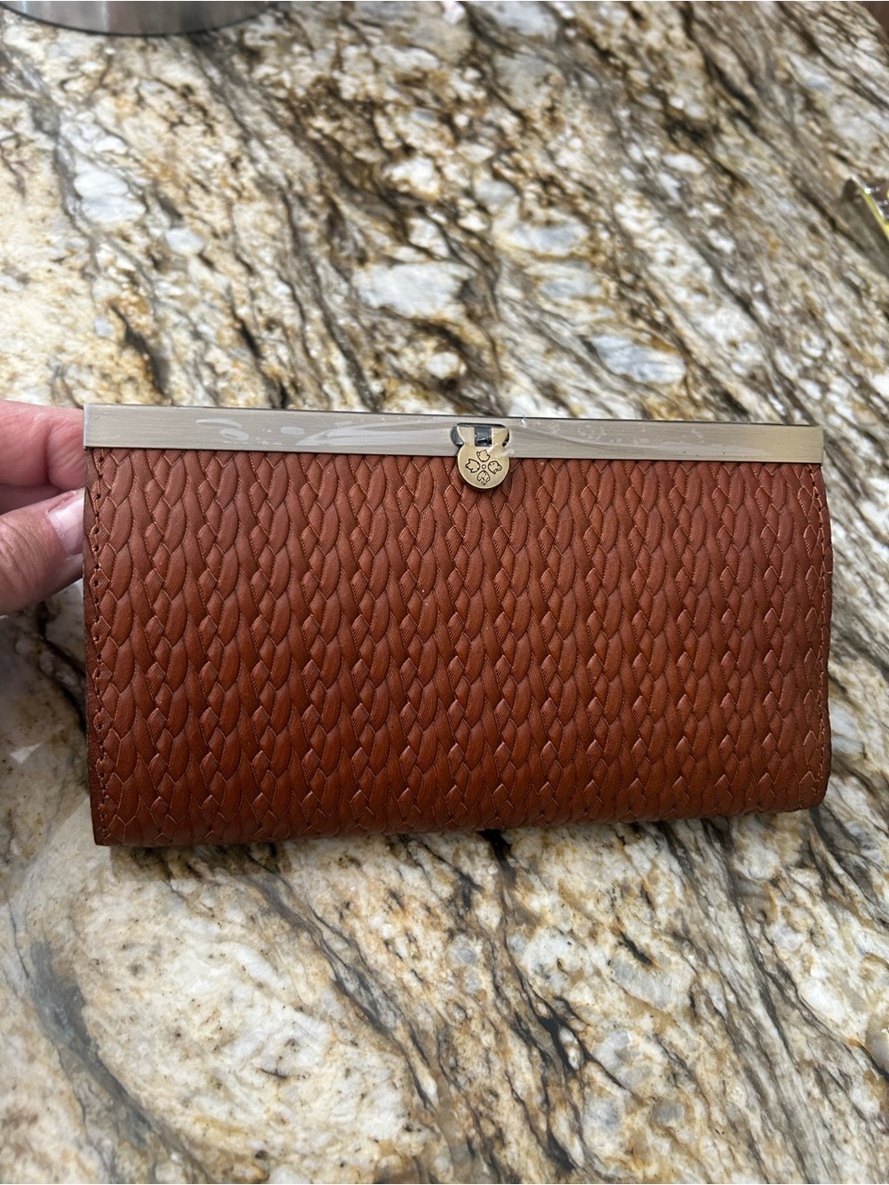 Patricia Nash Woven Leather Cauchy Clutch - Cognac Brown with Gold Trim
